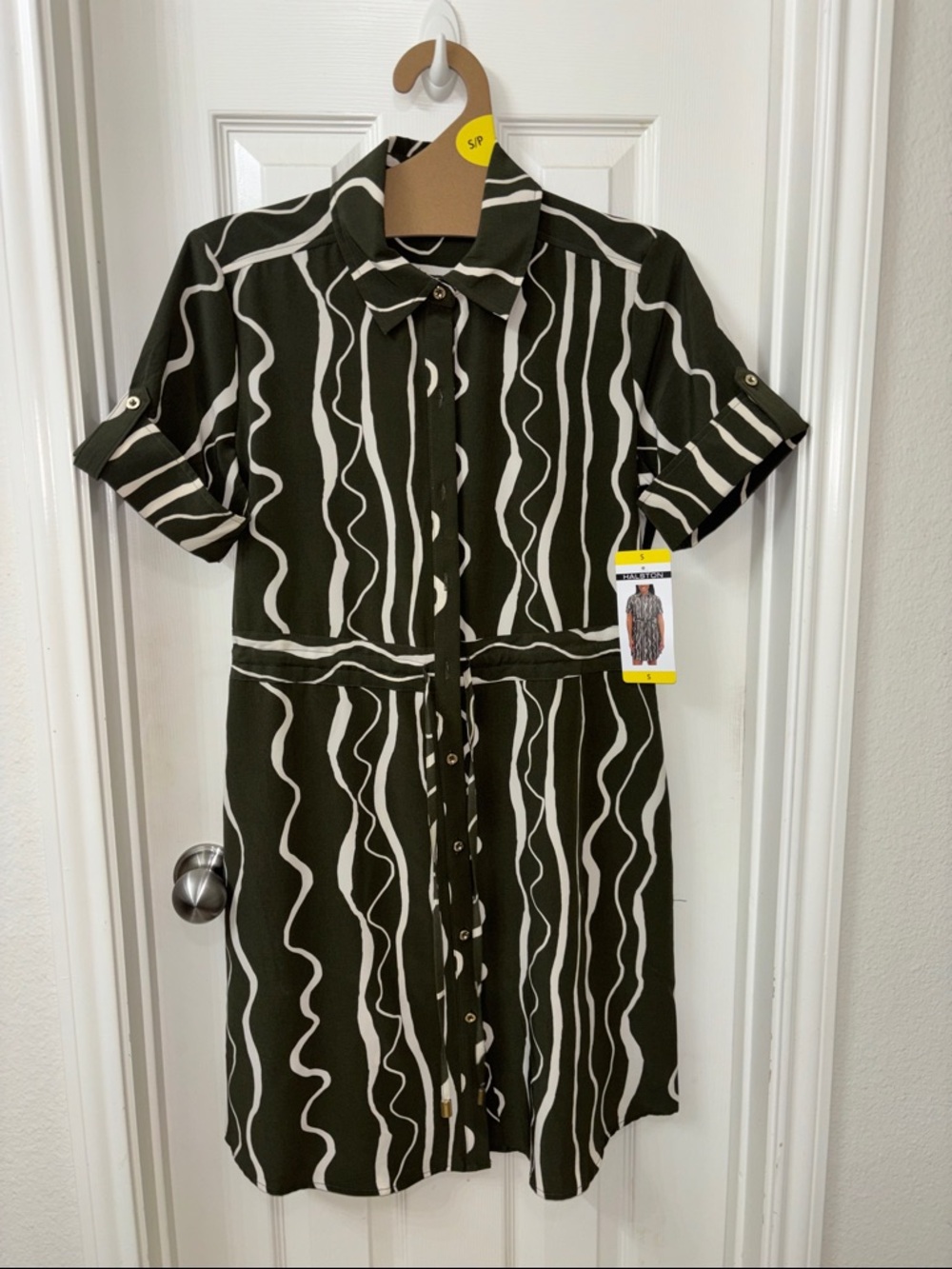 H by Halston Olive & White Wavy Stripe Midi Shirt Dress
